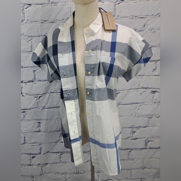 NWT Burberry Women's Button Down Shirt White Blue Check Short SleeveSummer Small - Picture 11 of 16